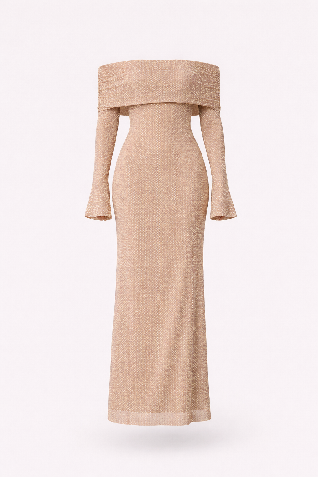 Jada Women's Rhinestone Mesh Off Shoulder Maxi Dress | Embellished Long Sleeve | Evening & Occasion