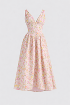 Alyanna Women's Cotton Midi Dress | V Neck Gathered Full Skirt Summer Dress | Wedding Guest & Casual