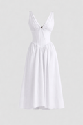 Alyanna Women's Cotton Midi Dress | V Neck Gathered Full Skirt Summer Dress | Wedding Guest & Casual