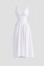 Alyanna Women's Cotton Midi Dress | V Neck Gathered Full Skirt Summer Dress | Wedding Guest & Casual