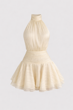 Eunice Women's Halterneck Backless Mini Dress | Pleated Ruffle Going Out Party Dress | Evening & Casual
