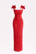 Penelope Women's Lace Cutwork Bodycon Maxi Dress | Bow Strap Going Out Gown | Evening & Occasion