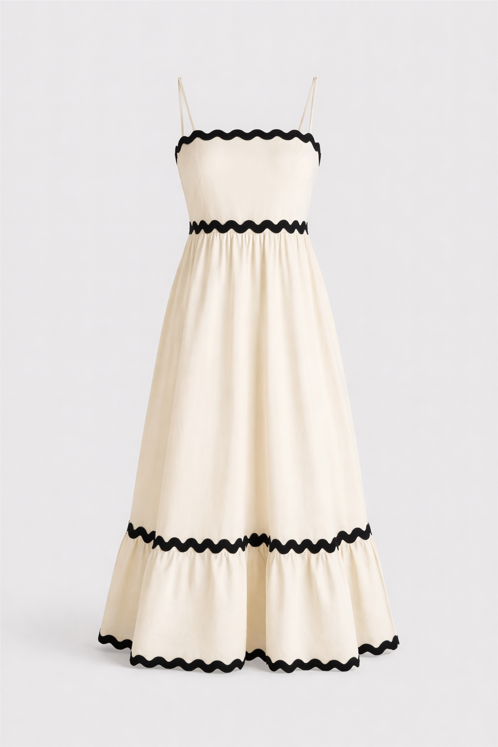 Amillia Women's Linen Contrast Trim Midi Dress | Ric Rac Spaghetti Strap Summer Dress | Casual & Evening