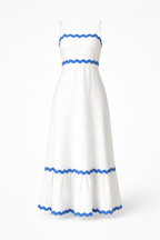 Amillia Women's Linen Contrast Trim Midi Dress | Ric Rac Spaghetti Strap Summer Dress | Casual & Evening