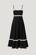 Amillia Women's Linen Contrast Trim Midi Dress | Ric Rac Spaghetti Strap Summer Dress | Casual & Evening