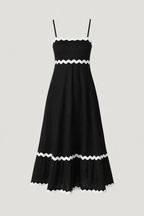 Amillia Women's Linen Contrast Trim Midi Dress | Ric Rac Spaghetti Strap Summer Dress | Casual & Evening