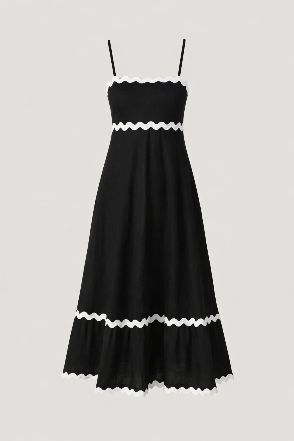 Amillia Women's Linen Contrast Trim Midi Dress | Ric Rac Spaghetti Strap Summer Dress | Casual & Evening