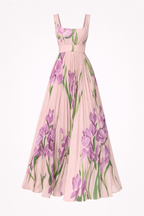 Ivana Women's Floral Chiffon Pleated Maxi Dress | Square Neck Summer Occasion Dress | Casual & Evening