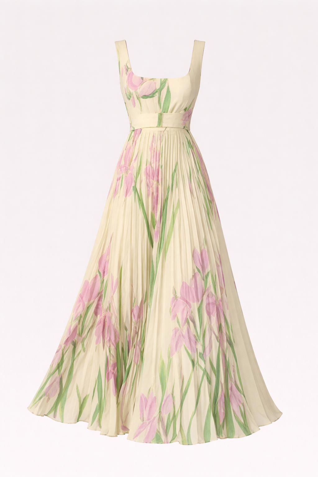 Ivana Women's Floral Chiffon Pleated Maxi Dress | Square Neck Summer Occasion Dress | Casual & Evening