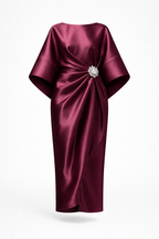 Verbera Women's Satin Batwing Sleeve Maxi Dress | Brooch Occasion Going Out Dress | Evening & Smart Casual