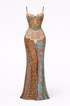 Sofia Women's Animal Print Lace Corset Maxi Dress | Mixed Print Going Out Gown | Evening & Occasion