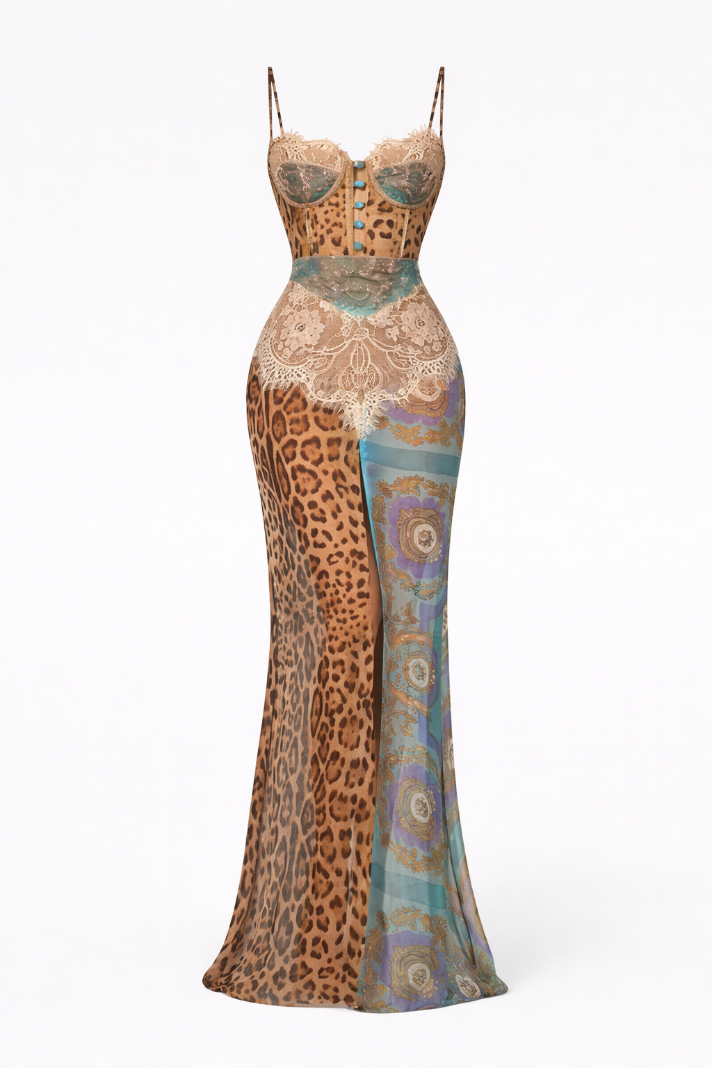 Sofia Women's Animal Print Lace Corset Maxi Dress | Mixed Print Going Out Gown | Evening & Occasion
