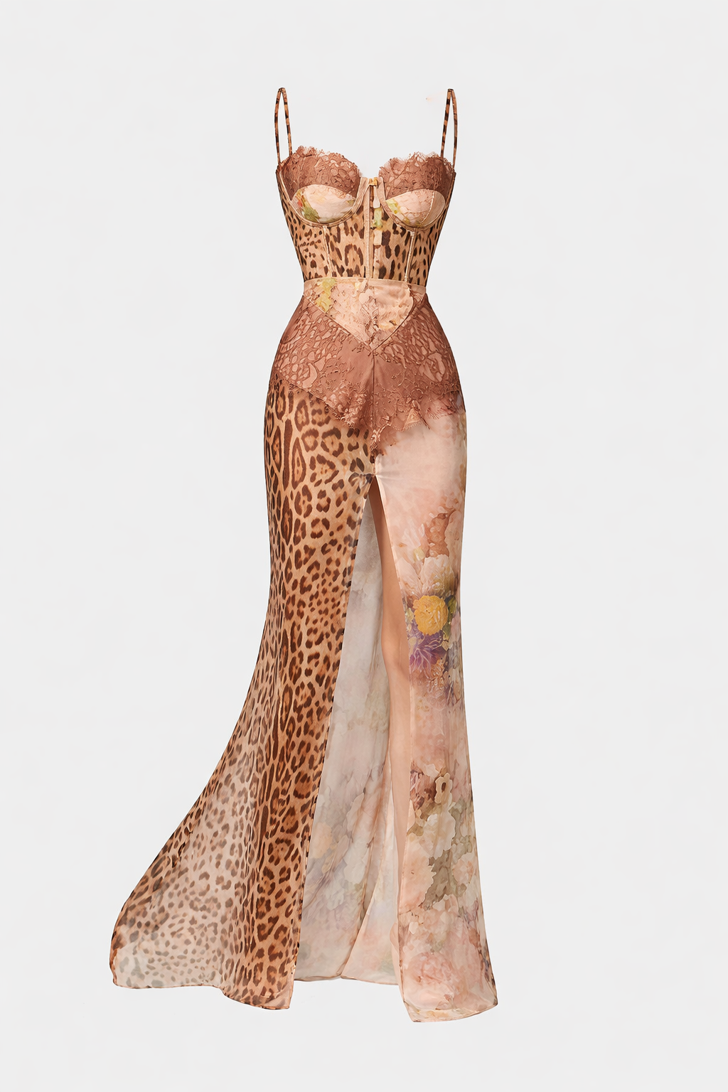 Sofia Women's Animal Print Lace Corset Maxi Dress | Mixed Print Going Out Gown | Evening & Occasion