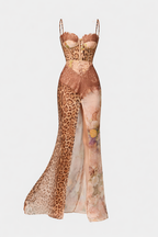 Sofia Women's Animal Print Lace Corset Maxi Dress | Mixed Print Going Out Gown | Evening & Occasion