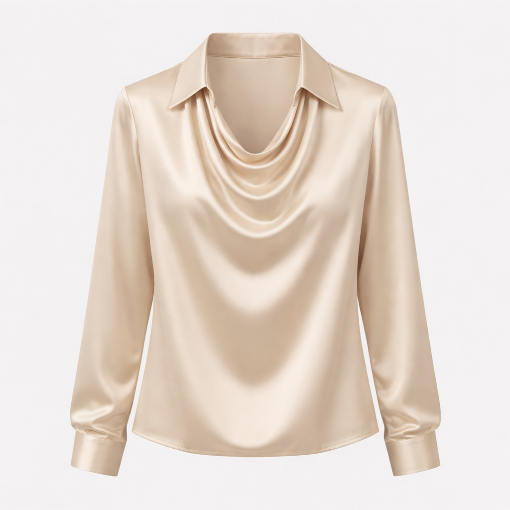 Janene Women's Satin Cowl Drape Blouse | Collared Waterfall Neck Top | Smart Workwear & Going Out