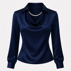 Janene Women's Satin Cowl Drape Blouse | Collared Waterfall Neck Top | Smart Workwear & Going Out