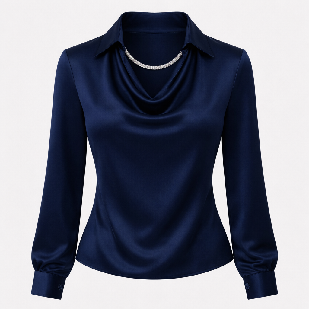 Janene Women's Satin Cowl Drape Blouse | Collared Waterfall Neck Top | Smart Workwear & Going Out