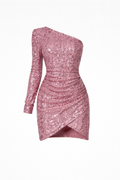 Elara Women's One Shoulder Sequin Mini Dress | Ruched Bodycon Party Dress | Going Out & Night Out