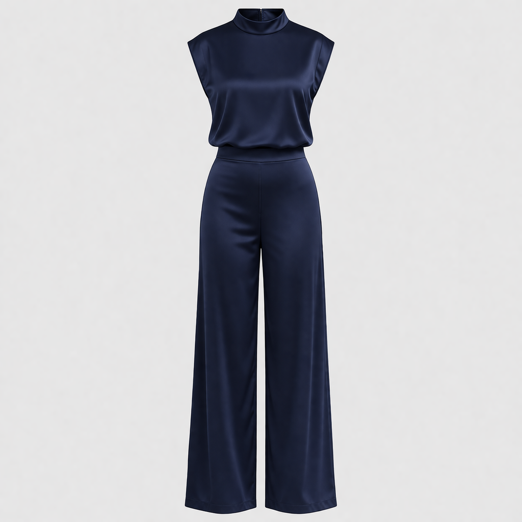 Aeris Women's Backless Satin Jumpsuit | Mock Neck Wide Leg Open Back | Going Out & Occasion Wear