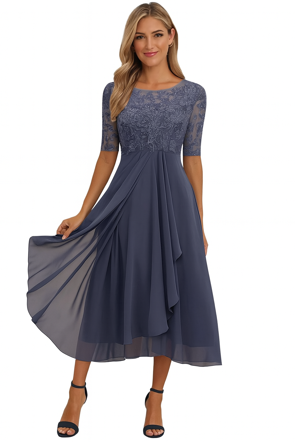 Vera Elegant Dress Woman – Lace & Chiffon Dress, A-Line, Mid-length & Short Sleeves