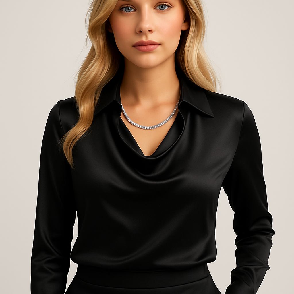 Janene Women's Satin Cowl Drape Blouse | Collared Waterfall Neck Top | Smart Workwear & Going Out