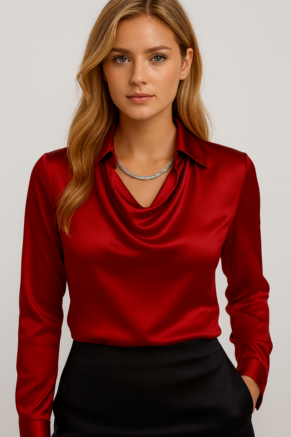 Janene Women's Satin Cowl Drape Blouse | Collared Waterfall Neck Top | Smart Workwear & Going Out