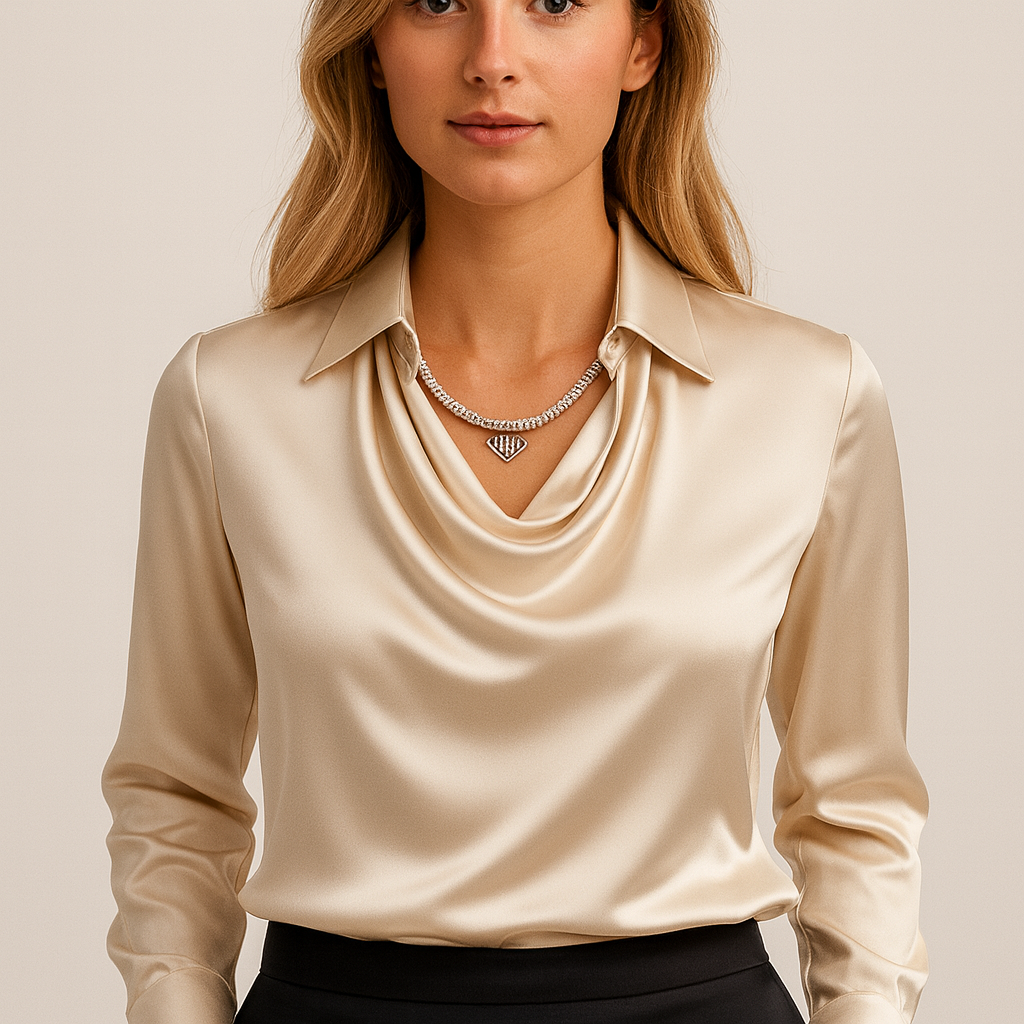 Janene Women's Satin Cowl Drape Blouse | Collared Waterfall Neck Top | Smart Workwear & Going Out