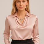 Janene Women's Satin Cowl Drape Blouse | Collared Waterfall Neck Top | Smart Workwear & Going Out