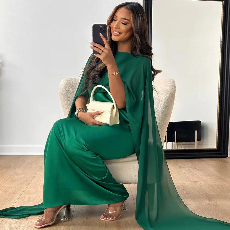 Alecia Women's Cape Sleeve Kaftan Maxi Dress | Satin Occasion Gown | Wedding Guest & Modest Wear