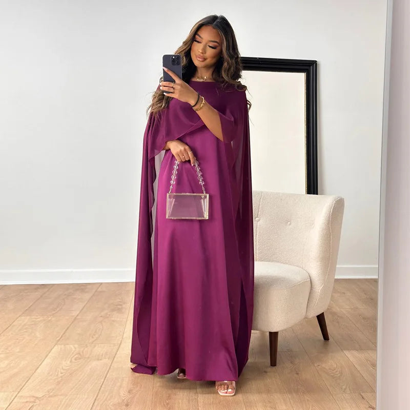 Alecia Women's Cape Sleeve Kaftan Maxi Dress | Satin Occasion Gown | Wedding Guest & Modest Wear