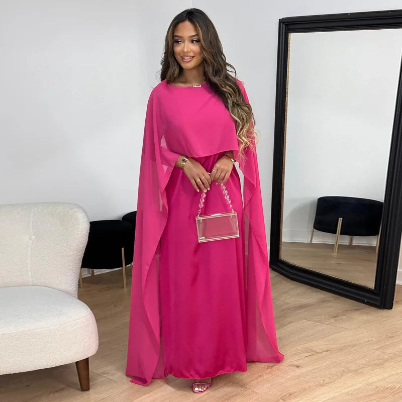 Alecia Women's Cape Sleeve Kaftan Maxi Dress | Satin Occasion Gown | Wedding Guest & Modest Wear