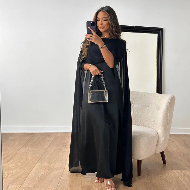 Alecia Women's Cape Sleeve Kaftan Maxi Dress | Satin Occasion Gown | Wedding Guest & Modest Wear