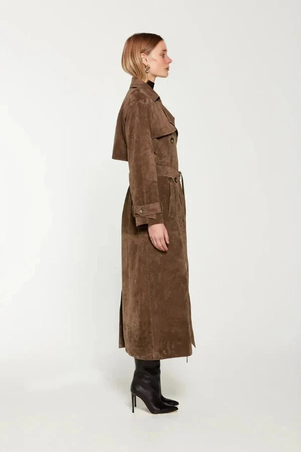 Galatea Women's Suede Trench Coat | Belted Longline Suede Coat for Women | Luxury Smart Casual Outerwear