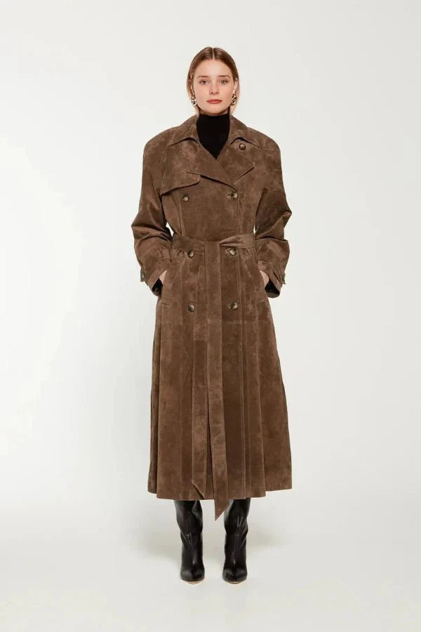 Galatea Women's Suede Trench Coat | Belted Longline Suede Coat for Women | Luxury Smart Casual Outerwear