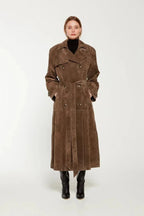 Galatea Women's Suede Trench Coat | Belted Longline Suede Coat for Women | Luxury Smart Casual Outerwear