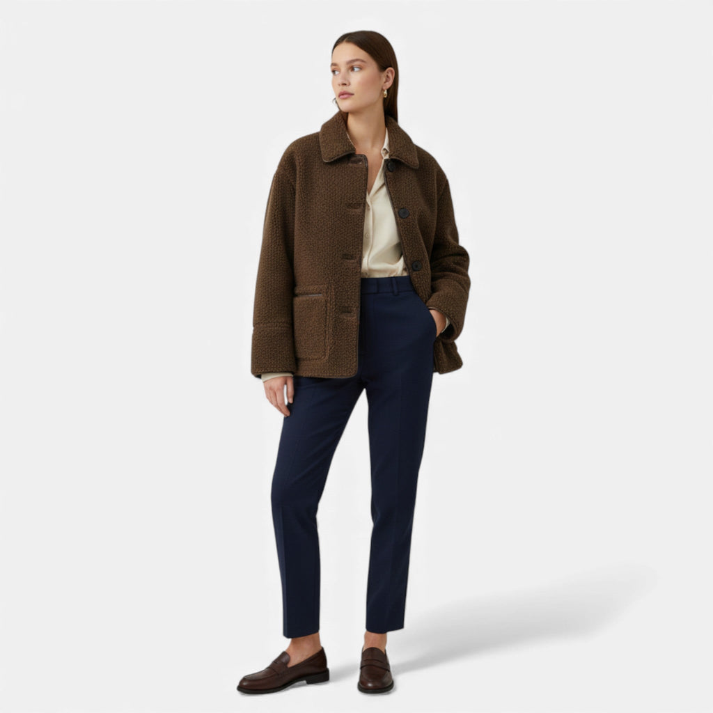 Women’s Reversible Brown Teddy Jacket with Turn-Down Collar