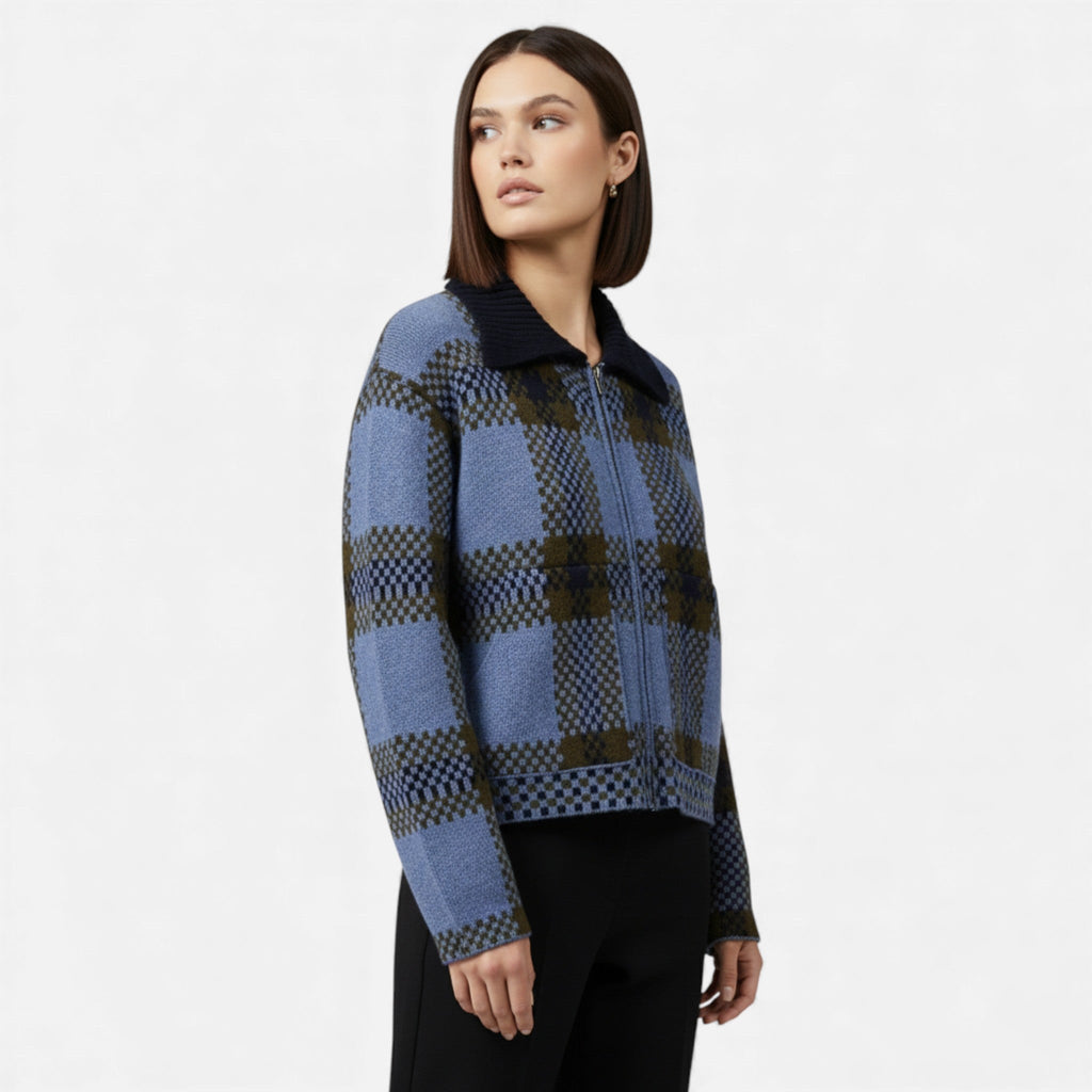 Women’s Plaid Knitted Zipper Jacket with Turn-Down Collar