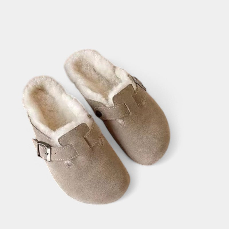 Hollie Women's Suede Buckle Clog | Closed-Toe Cork Footbed Mule | Casual Everyday Flat Shoes
