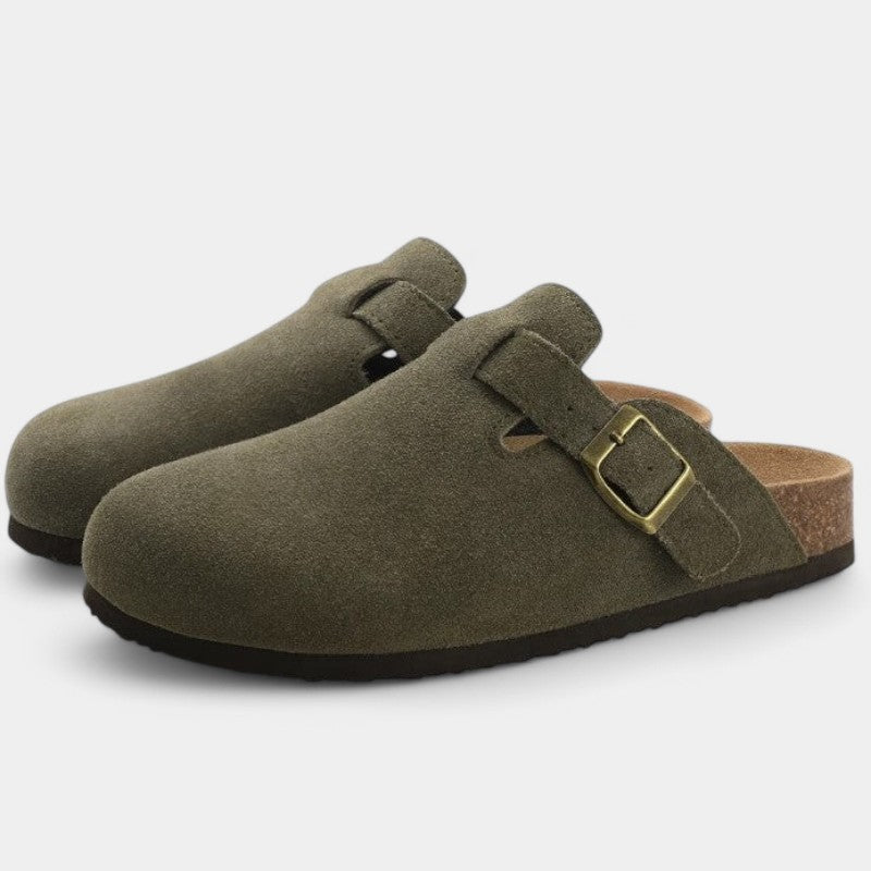 Hollie Women's Suede Buckle Clog | Closed-Toe Cork Footbed Mule | Casual Everyday Flat Shoes