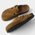Hollie Women's Suede Buckle Clog | Closed-Toe Cork Footbed Mule | Casual Everyday Flat Shoes