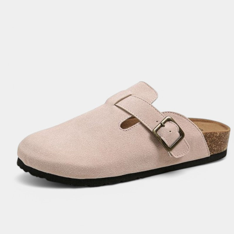 Hollie Women's Suede Buckle Clog | Closed-Toe Cork Footbed Mule | Casual Everyday Flat Shoes