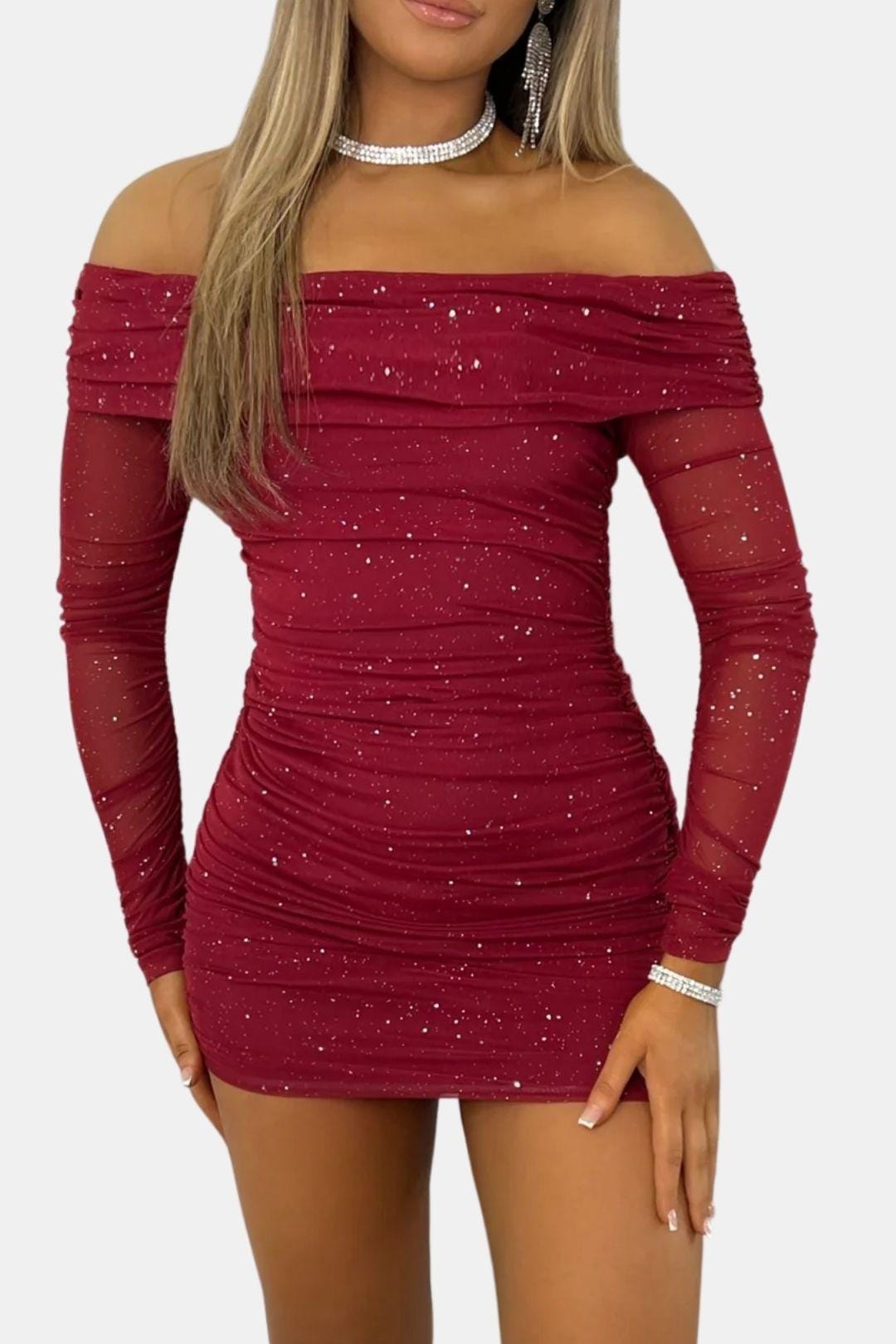 Grace Women's Glitter Mesh Off Shoulder Mini Dress | Long Sleeve Going Out Party Dress | Evening & Occasion