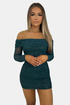 Grace Women's Glitter Mesh Off Shoulder Mini Dress | Long Sleeve Going Out Party Dress | Evening & Occasion