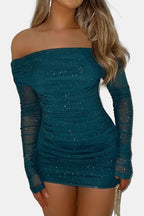 Grace Women's Glitter Mesh Off Shoulder Mini Dress | Long Sleeve Going Out Party Dress | Evening & Occasion