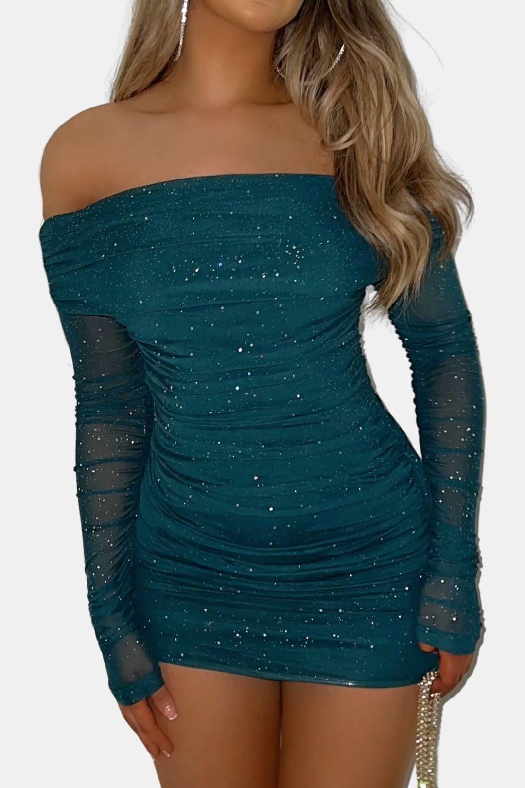 Grace Women's Glitter Mesh Off Shoulder Mini Dress | Long Sleeve Going Out Party Dress | Evening & Occasion