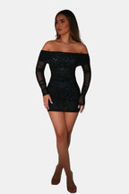 Grace Women's Glitter Mesh Off Shoulder Mini Dress | Long Sleeve Going Out Party Dress | Evening & Occasion