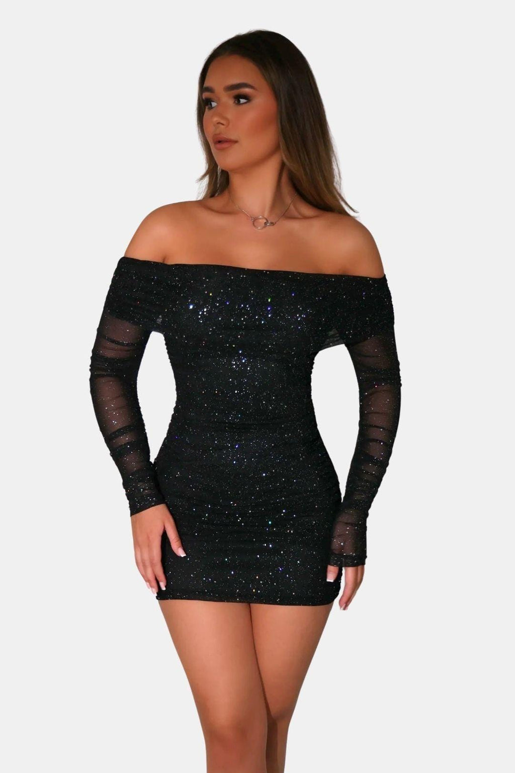 Grace Women's Glitter Mesh Off Shoulder Mini Dress | Long Sleeve Going Out Party Dress | Evening & Occasion