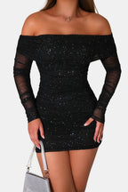 Grace Women's Glitter Mesh Off Shoulder Mini Dress | Long Sleeve Going Out Party Dress | Evening & Occasion