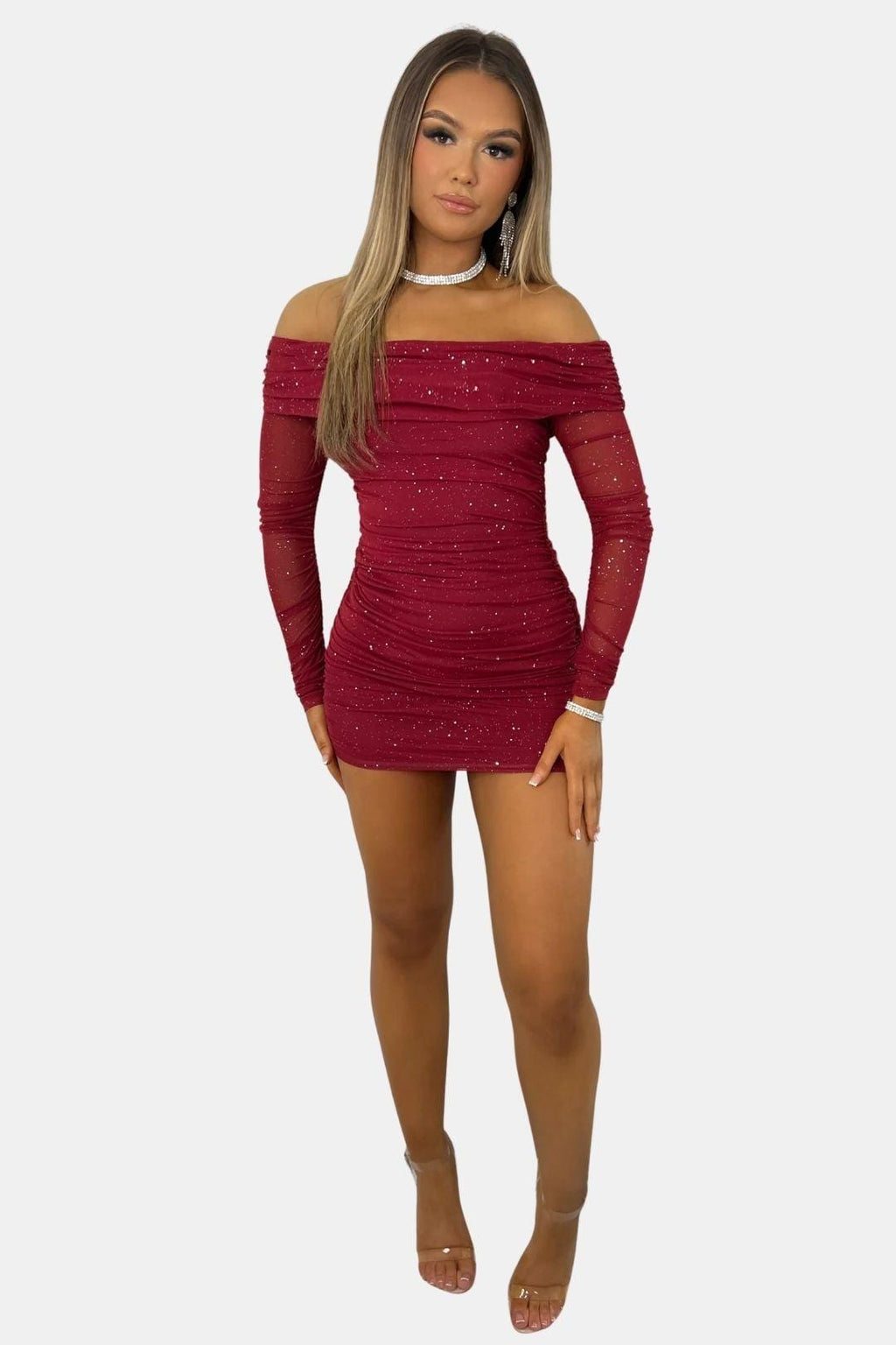 Grace Women's Glitter Mesh Off Shoulder Mini Dress | Long Sleeve Going Out Party Dress | Evening & Occasion