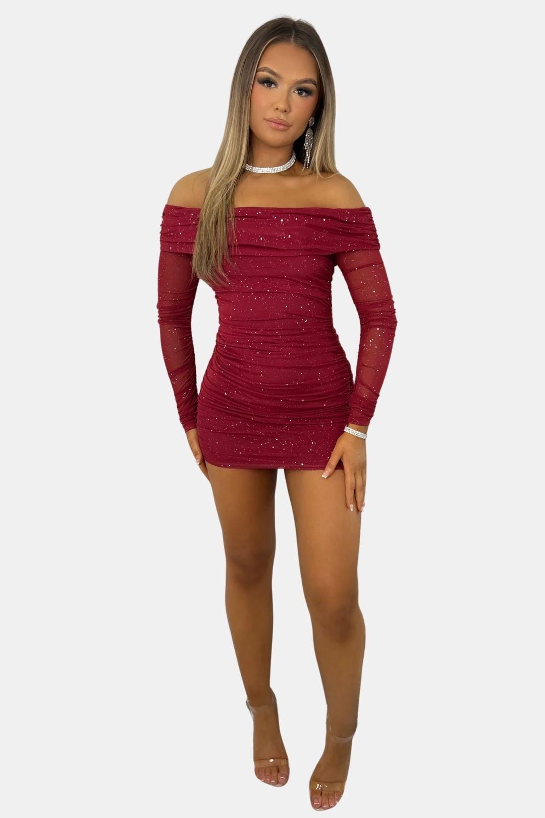 Grace Women's Glitter Mesh Off Shoulder Mini Dress | Long Sleeve Going Out Party Dress | Evening & Occasion